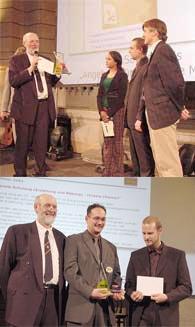 B. Rehling überreicht als Mitglied des fachlichen Beirats den BIENE-Award an Stephan Rothe und Thomas Worseck. (In der Mitte VIVA-Moderatorin Milka), Michel Laubacher und Stanko Pavlica präsentieren stolz ihren BIENE-Award, den sie in die Schweiz 